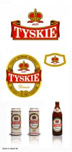 Logo, etykieta i wygląd opakowań piwa marki Tyskie z lat 90.